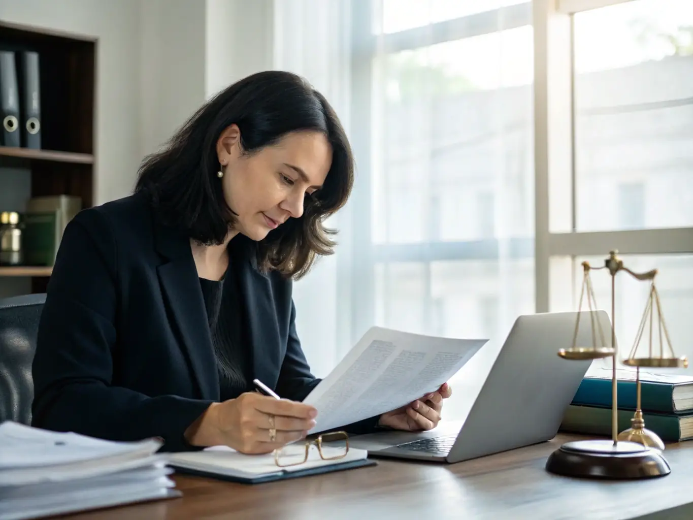 A professional AI-powered paralegal assisting a lawyer with document review in a modern law office setting. The paralegal is efficiently sorting through legal documents on a computer, highlighting key information.
