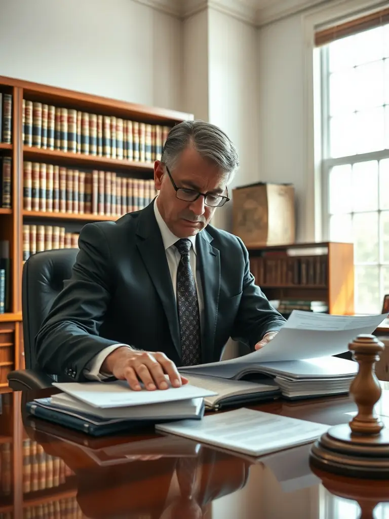 A professional lawyer using an AI-powered tool to quickly review a large stack of legal documents, focusing on relevant clauses and information.