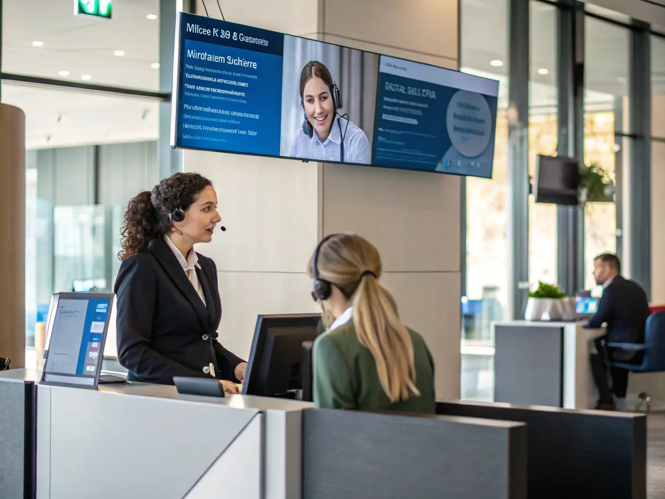 An AI receptionist answering a call in a busy law firm, managing appointments and client inquiries efficiently. The AI receptionist is depicted as a friendly and professional virtual assistant.